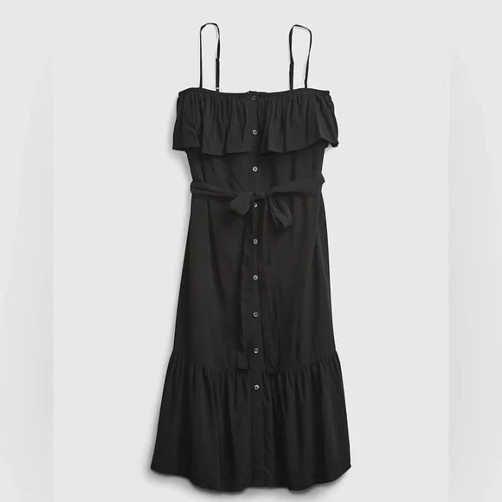 Gap Button Front Ruffle Cami True Black Sleeveless Midi Dress No Belt - S NWT‎